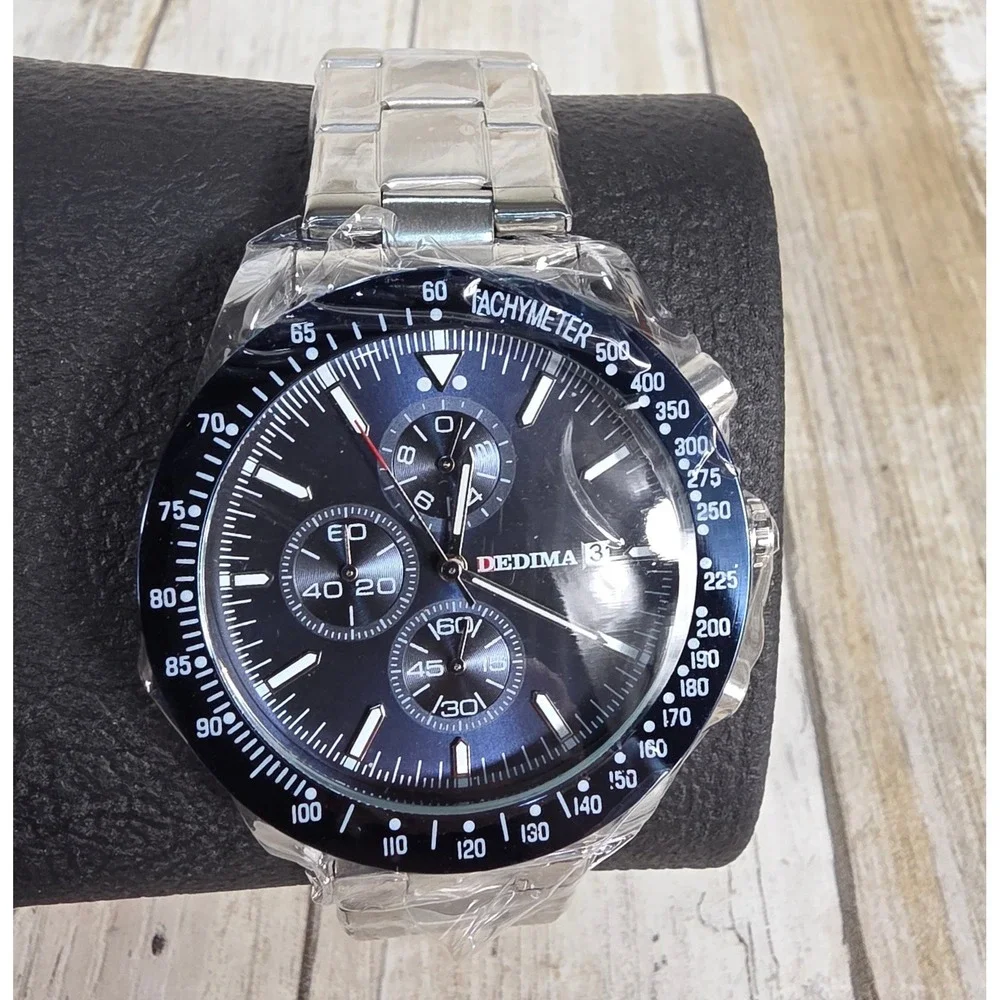 Dedima Mens Chronograph Watch Black Dial Silver Stainless Steel Link Band New